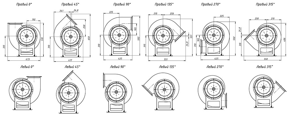 Габаритные и присоединительные размеры радиального вентилятора ВР 80-75 № 2.5 0.55/3000 исполнение 1, зависящие от положения корпуса