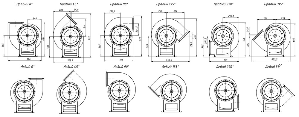 Габаритные и присоединительные размеры радиального вентилятора ВР 80-75 № 3.15 0.25/1500 Исполнение 1, зависящие от положения корпуса